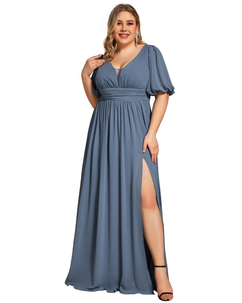 Front of a model wearing a size 14 Chiffon Illusion V-Neck Flutter Sleeve Front Slit Evening Dress in Dusty Navy by Ever-Pretty. | dia_product_style_image_id:288909